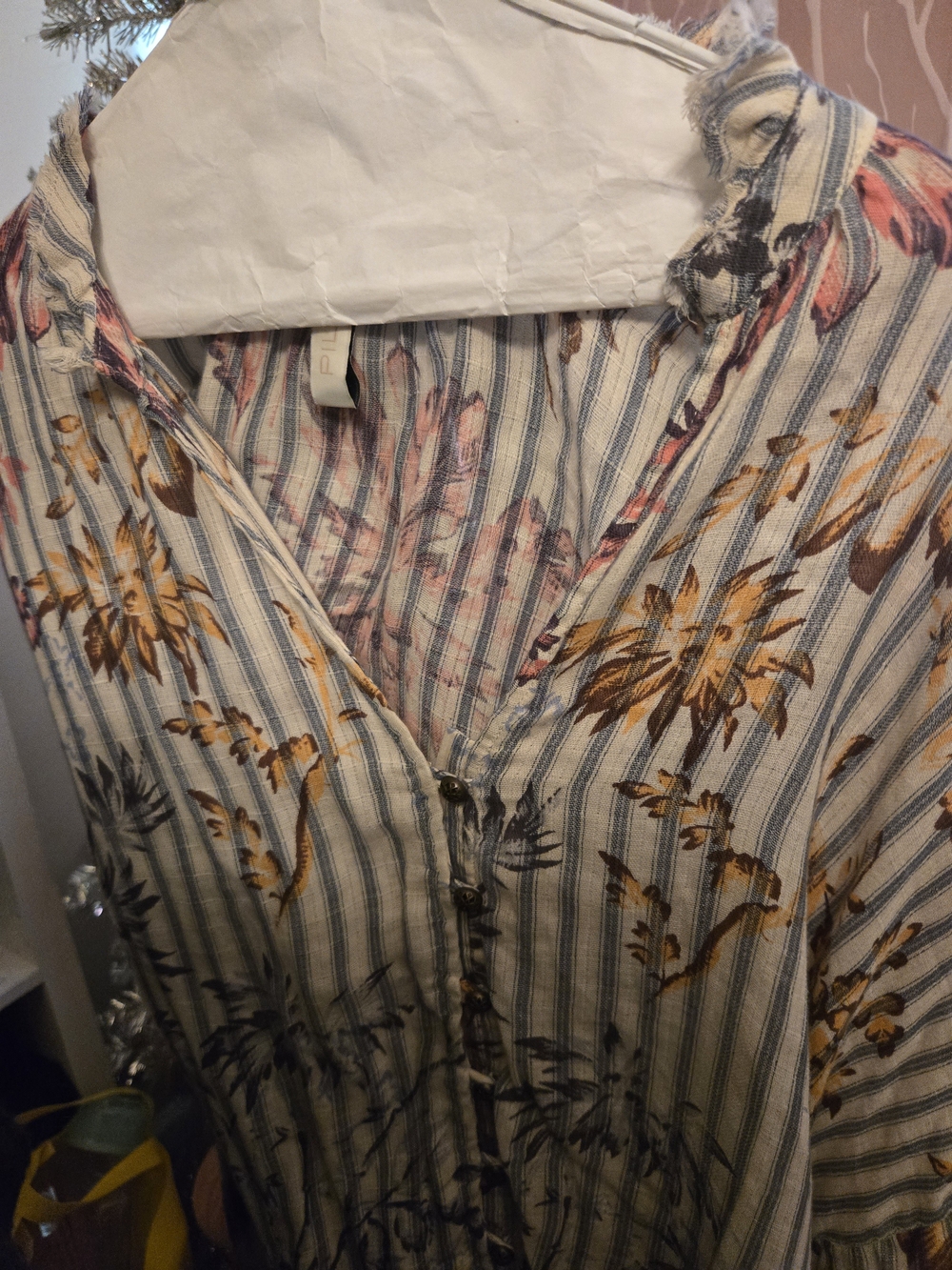 Pilcro Floral & Stripe Button-Up Blouse in Cream, Blue & Brown